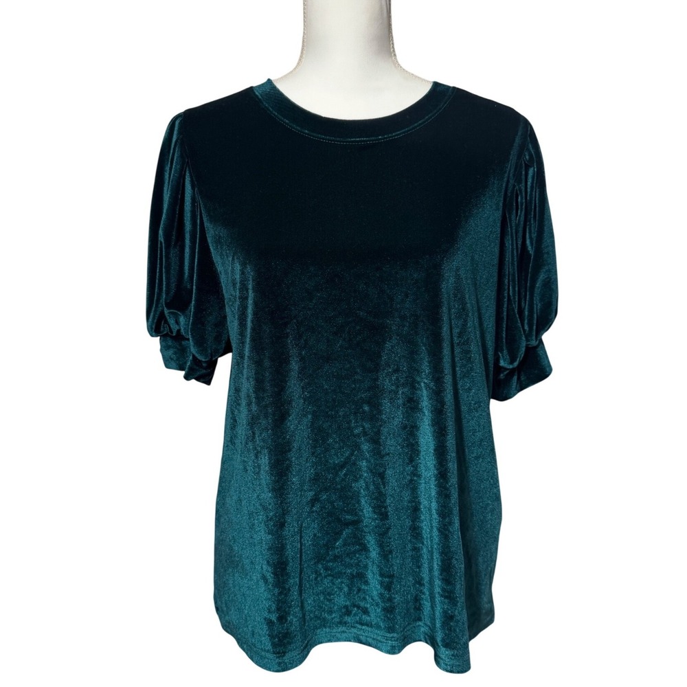 Amaryllis Puff Sleeve Velvet Top L Emerald Green Excellent‎ Short Sleeve Pleated